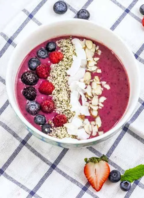 VERY BERRY SMOOTHIE BOWL (DAIRY-FREE & GLUTEN-FREE) by The Soccer Mom Blog “A vibrant blend of three berries and protein-rich ingredients, this Triple Berry Smoothie Bowl is a nutritional powerhouse!”