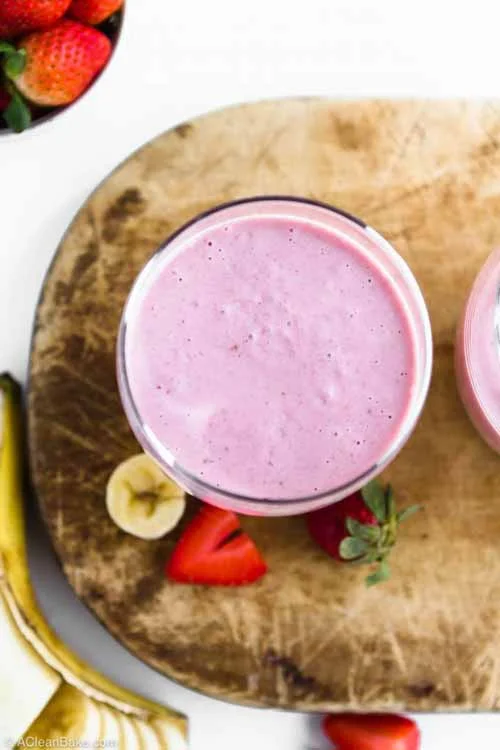 High Protein Strawberry Banana Smoothie by A Clean Bake Delicious, healthy, and high protein strawberry banana smoothie that kids and adults love!