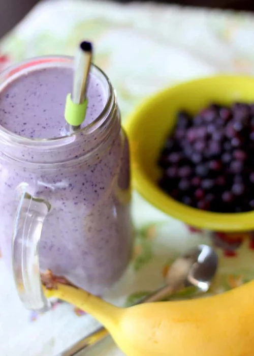 Blueberry Banana Protein Smoothie by Hairs Out of Place A healthy breakfast smoothie that is packed with protein is a great start to your kiddo’s day!