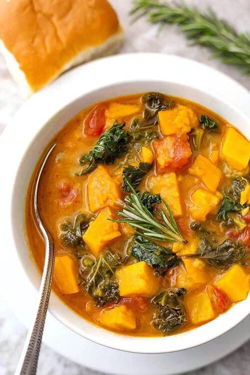 Instant Pot Sweet Potato Kale Soup (Vegan) by Simply Happy Foodie