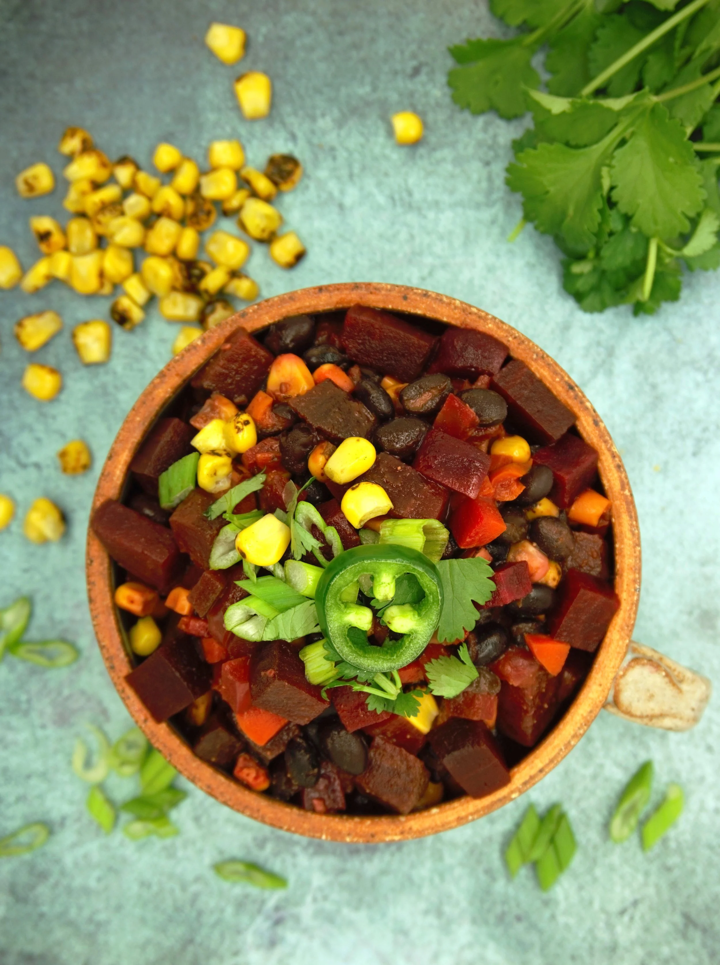 Southwest-Style Vegan Beet and Bean Chili with Roasted Corn