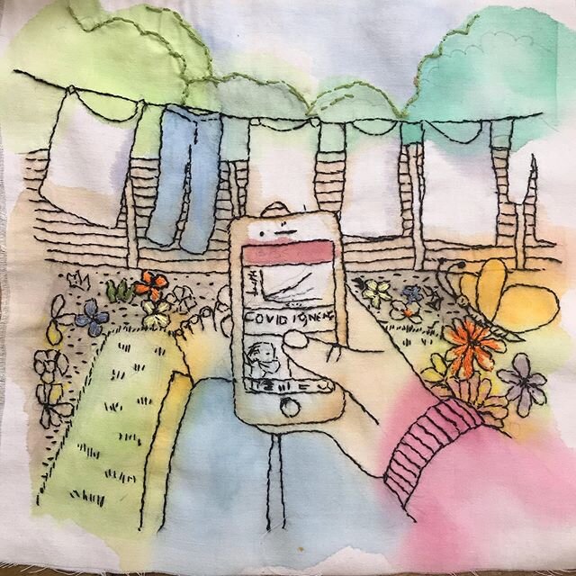 My piece of sewing for the By You Tapestry which is being organised by @stitchesintime_  where you are asked to embroider your experience of lockdown and isolation. Mine is sitting in the garden reading terrifying news on my phone. #stitchesintime  #