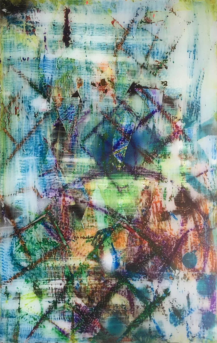 Washing Windows 2015 Mixed media on clear acrylic panel (subsurface) 21 x 31.5 in.