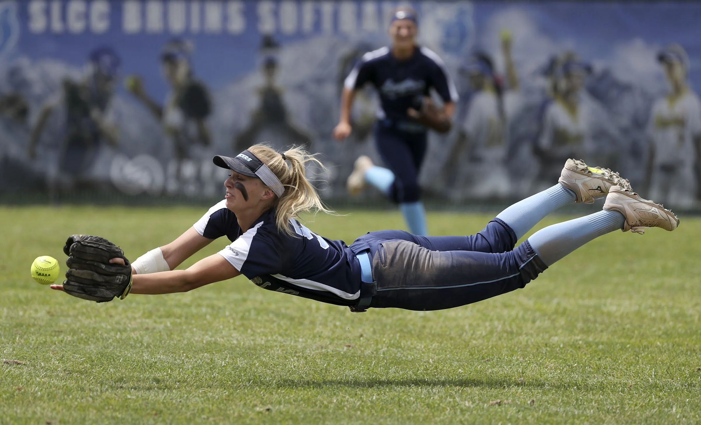  Layton's. Sadee Watkins dives for the ball and misses it during the 6A softball championships against Herriman at Salt Lake Community College in Taylorsville, on Thursday, May 30, 2019. Herriman won 9-3. 