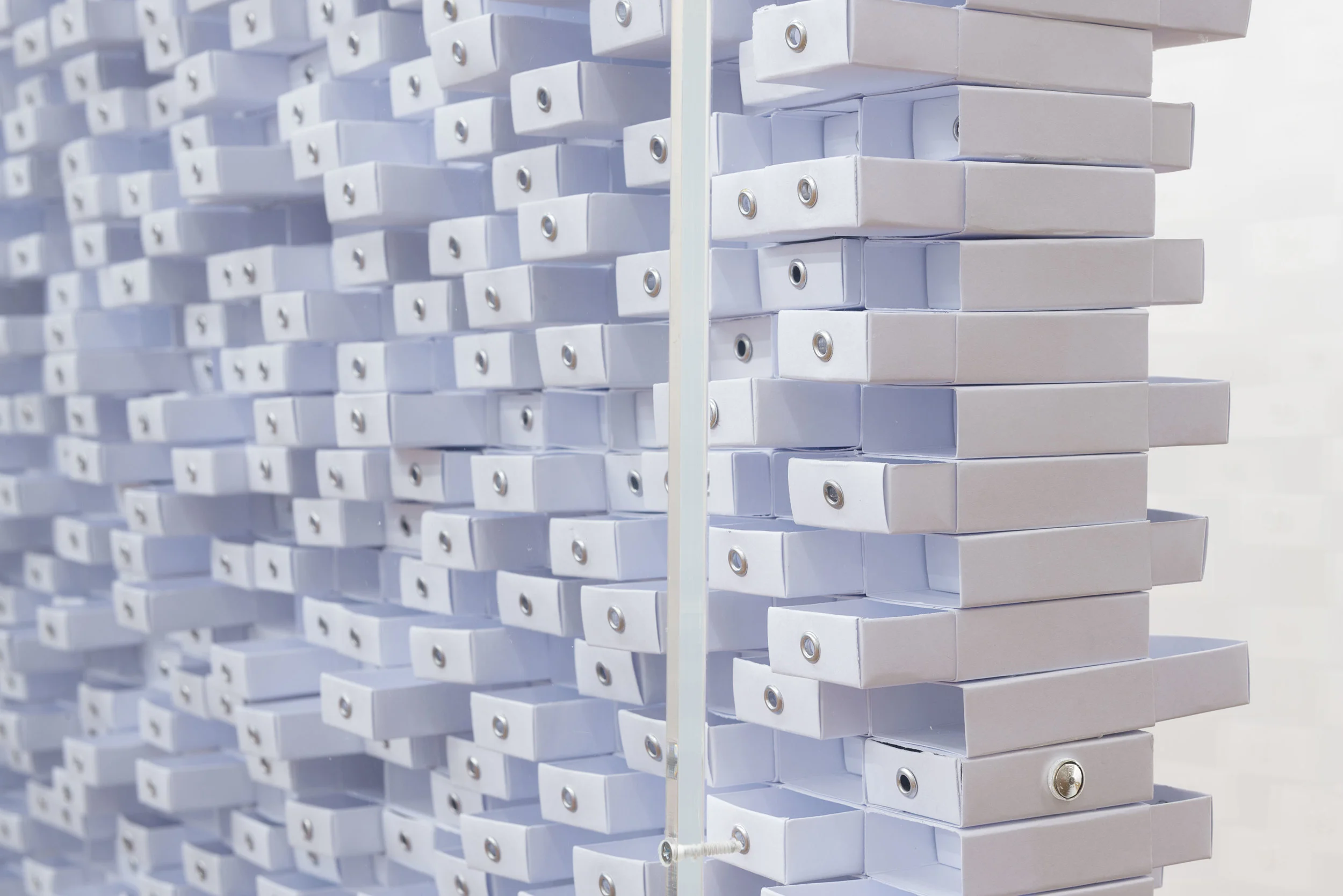   Funes , 2013&nbsp;[detalhe] 13.572 caixinhas em papelão branco, 12 módulos em acrílico,&nbsp;27.144 ilhoses, 480 parafusos, 240 imãs, 48 tarugos. 210 x 494 x 22 cm  Foto: Edouard Fraipont 