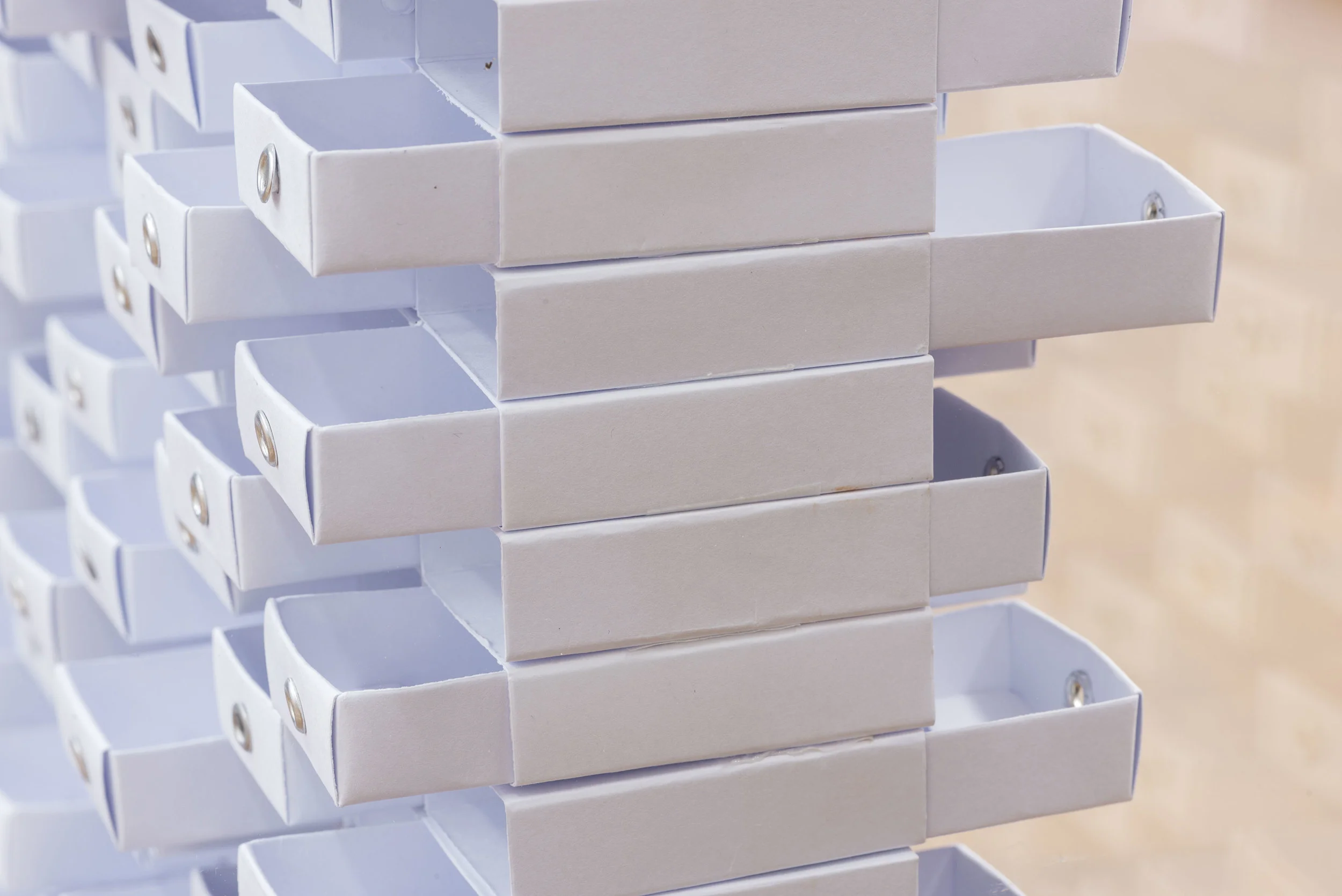   Funes , 2013&nbsp;[detalhe] 13.572 caixinhas em papelão branco, 12 módulos em acrílico,&nbsp;27.144 ilhoses, 480 parafusos, 240 imãs, 48 tarugos. 210 x 494 x 22 cm  Foto: Edouard Fraipont 