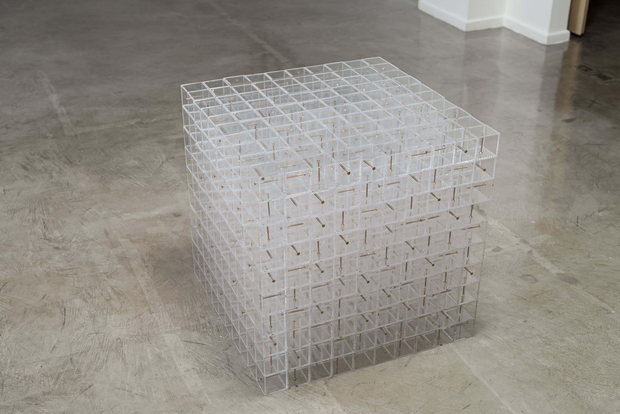 Visto de frente, visto de lado , 2014 1000 cubos em acrílico cristal, 1000 parafusos. 70 x 70 x 70 cm Foto: Edouard Fraipont