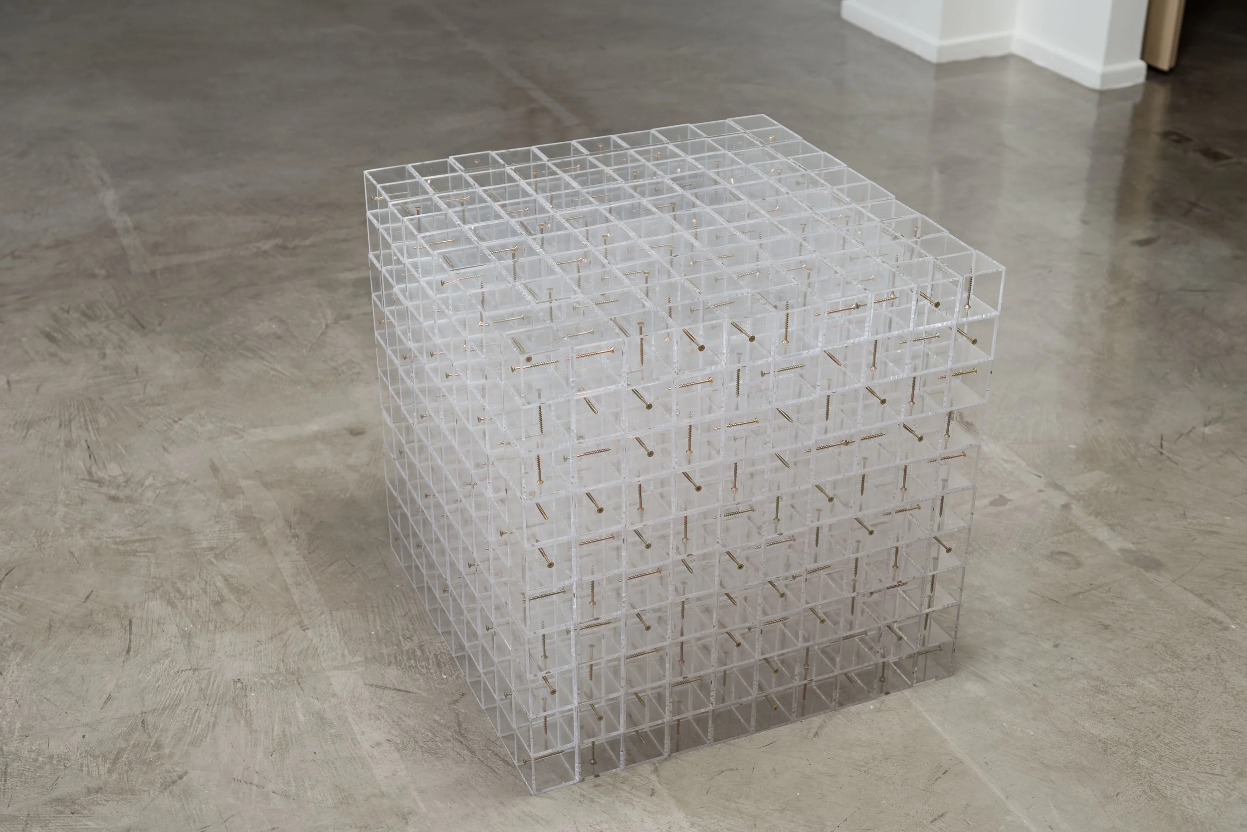 Visto de frente, visto de lado , 2014 1000 cubos em acrílico cristal, 1000 parafusos. 70 x 70 x 70 cm Foto: Edouard Fraipont
