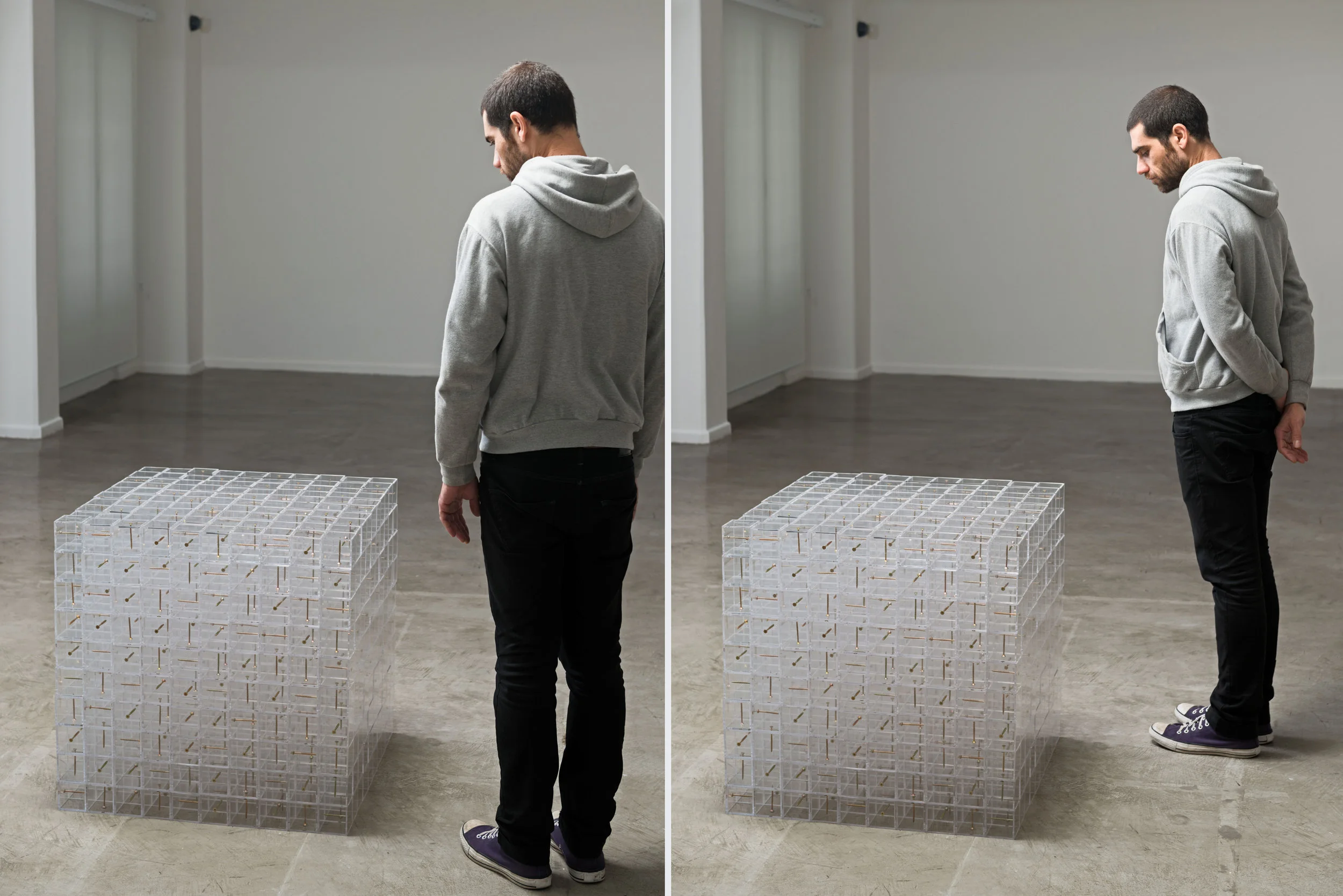 ambas as imagens Visto de frente, visto de lado , 2014 1000 cubos em acrílico cristal, 1000 parafusos. 70 x 70 x 70 cm Foto: Edouard Fraipont