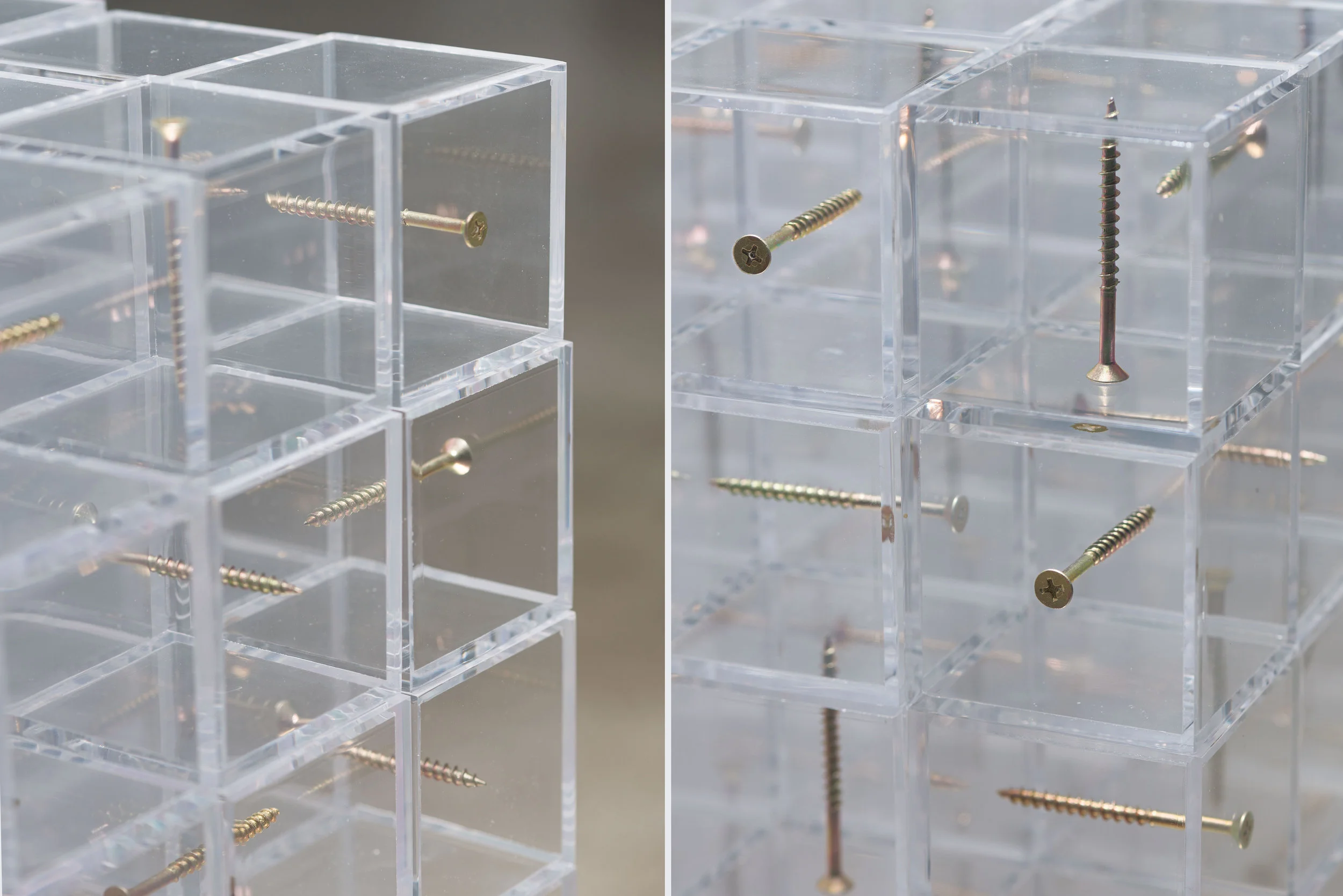   ambas as imagens    Visto de frente, visto de lado , 2014 [detalhe] 1000 cubos em acrílico cristal, 1000 parafusos. 70 x 70 x 70 cm  Foto: Edouard&nbsp;Fraipont 