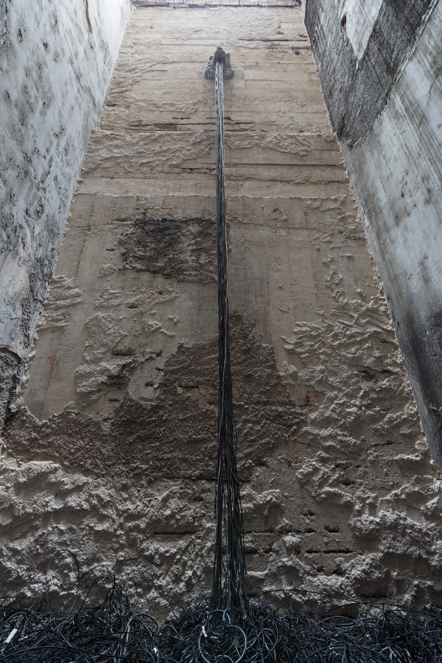 Fonte , 2014 Cabeça de leão, em cimento, usada como ornamento em fontes de jardins e 200 kg de cabos de fonte de eletro-eletrônicos. 6 m x 2,5 m x 2, 5m Foto: Édouard Fraipont