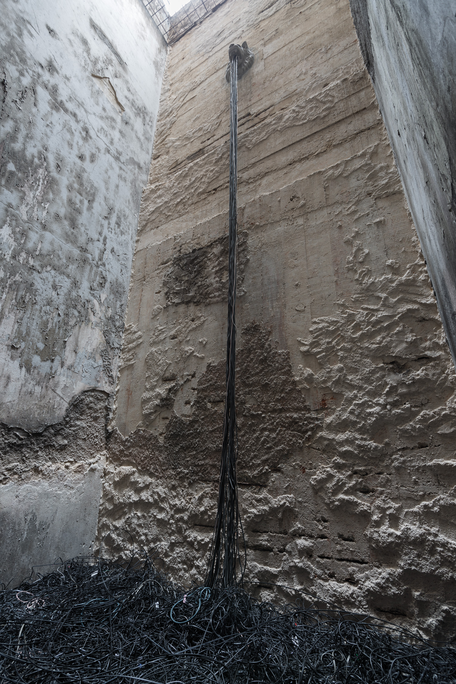 Fonte , 2014 Cabeça de leão, em cimento, usada como ornamento em fontes de jardins e 200 kg de cabos de fonte de eletro-eletrônicos. 6 m x 2,5 m x 2, 5m Foto: Édouard Fraipont