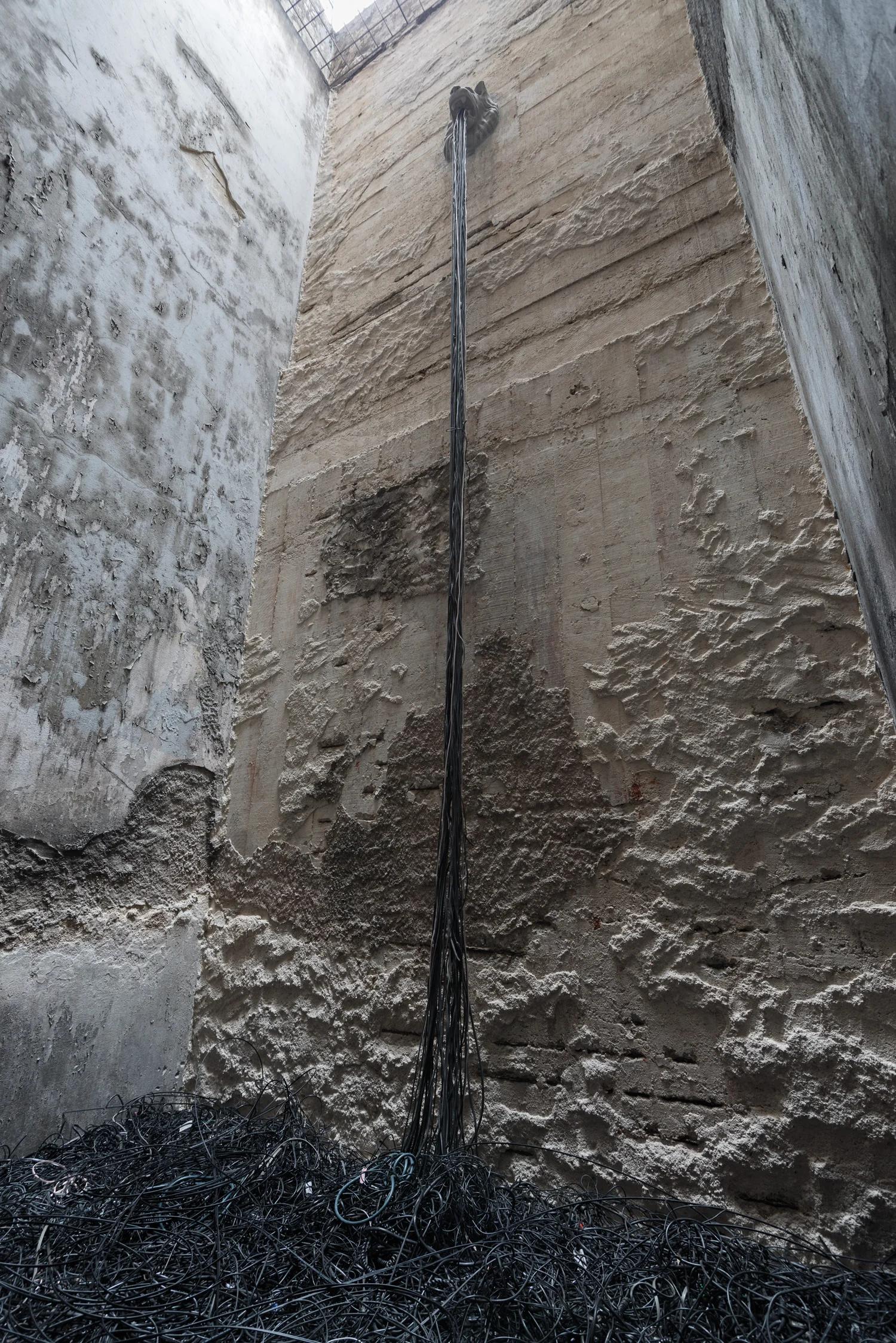 Fonte , 2014 Cabeça de leão, em cimento, usada como ornamento em fontes de jardins e 200 kg de cabos de fonte de eletro-eletrônicos. 6 m x 2,5 m x 2, 5m Foto: Édouard Fraipont