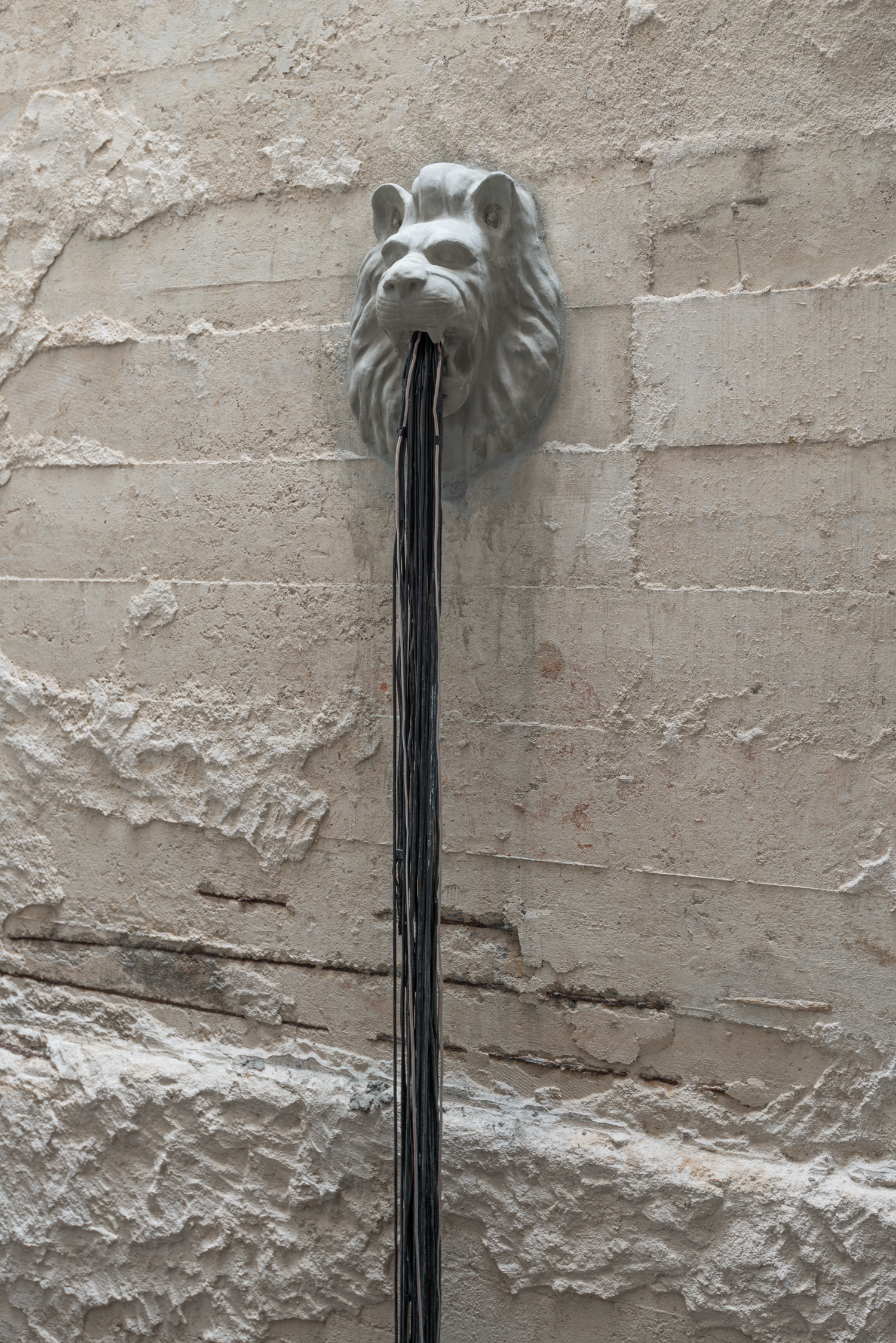 Fonte , 2014 Cabeça de leão, em cimento, usada como ornamento em fontes de jardins e 200 kg de cabos de fonte de eletro-eletrônicos. 6 m x 2,5 m x 2, 5m Foto: Édouard Fraipont