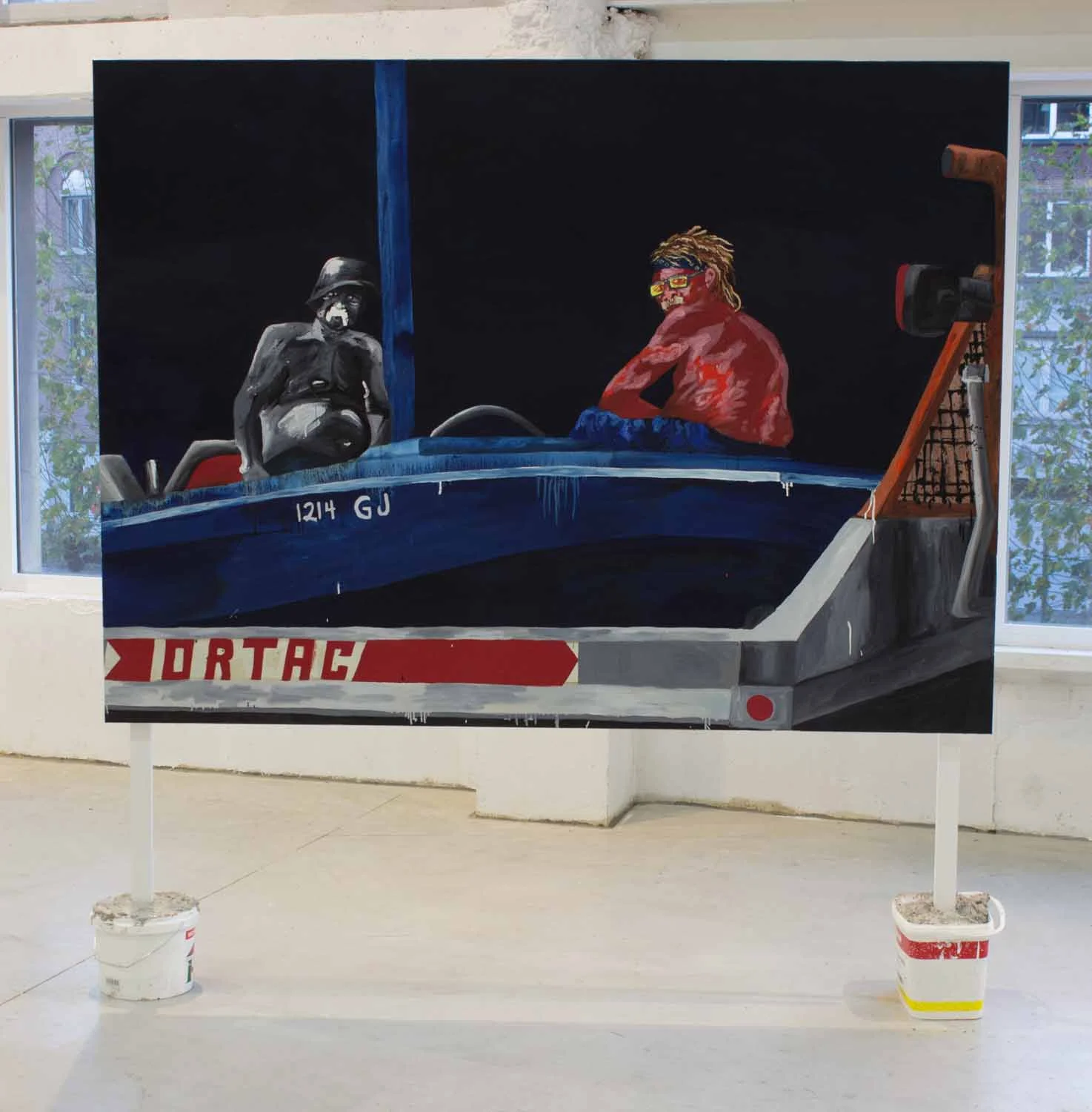 Boatmen, oil on canvas, wood, cement, buckets, canvas: 55x75in, 2015