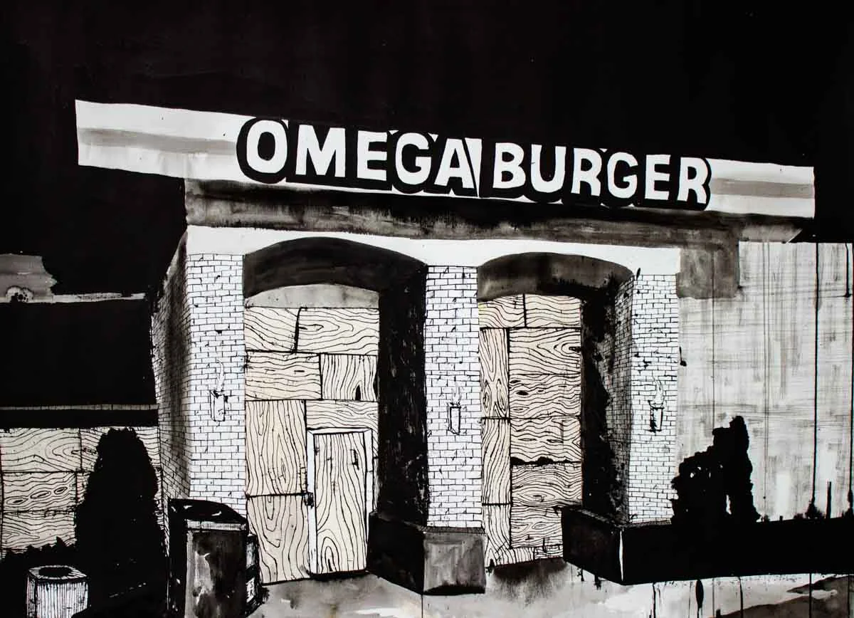 Omega Burger, ink on paper, 34.5x48in, 2015