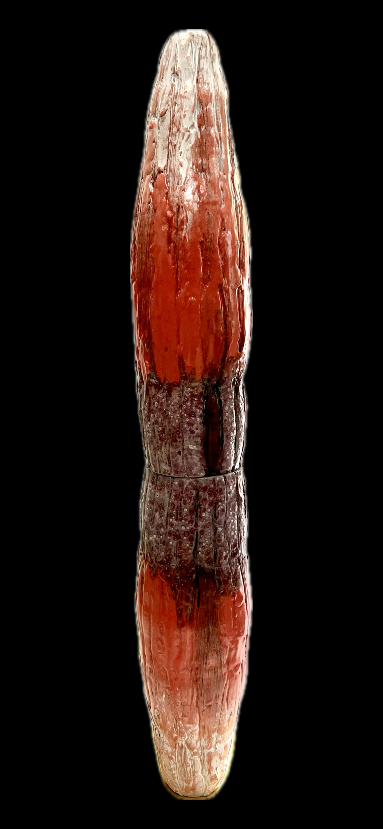  III Threshold Ember Ceramic Sculpture: 52”x8”x8”. Wood Base. 