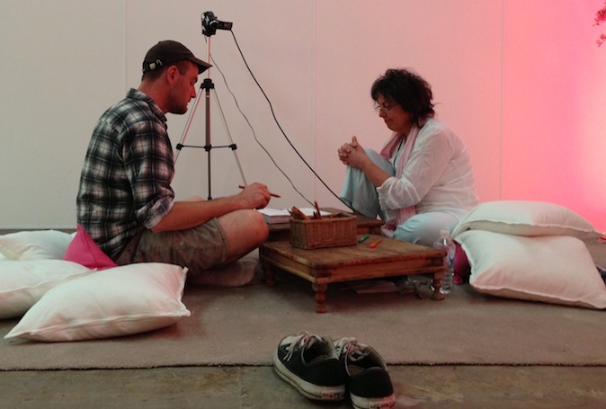 Nola Diamantopoulos at Artereal gallery. This ephemeral piece of performance art – called Quest – involved the artist and one or several visitors engaging in a silent, written dialogue over the space of ten minutes. The constraint, however, was that only questions could be asked; question followed by question responded to with question, and so on. In a sense it’s an almost pure exercise in Rhetoric, with undertones of Buddhist theology. The result of this pencil ping-pong – the different questions, with different handwriting, expressing different mind-sets – becomes an artefact, an accordion-pleated sheet of continuous vellum, a palimpsest of the performance itself. Elegant, intriguing.