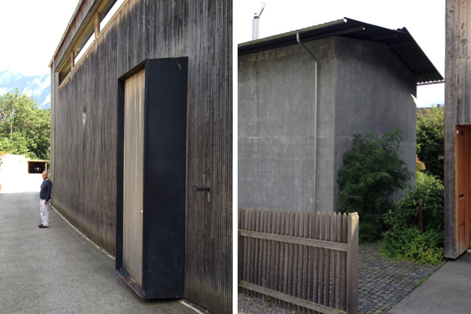 Inside the front door, there is a small reception area with a seat to take off ones boots – a shoe brush and shoehorn hung on the wall are testimony to total attention to detail. Behind this, the kitchen addresses the back yard and it’s a wonderfully honest space – open wooden shelves (a reminder of the fact that Zumthor started out as a cabinet maker) mean all accoutrement are plainly visible – clearly, effacing traces of the everyday is not what the Atelier is about.
