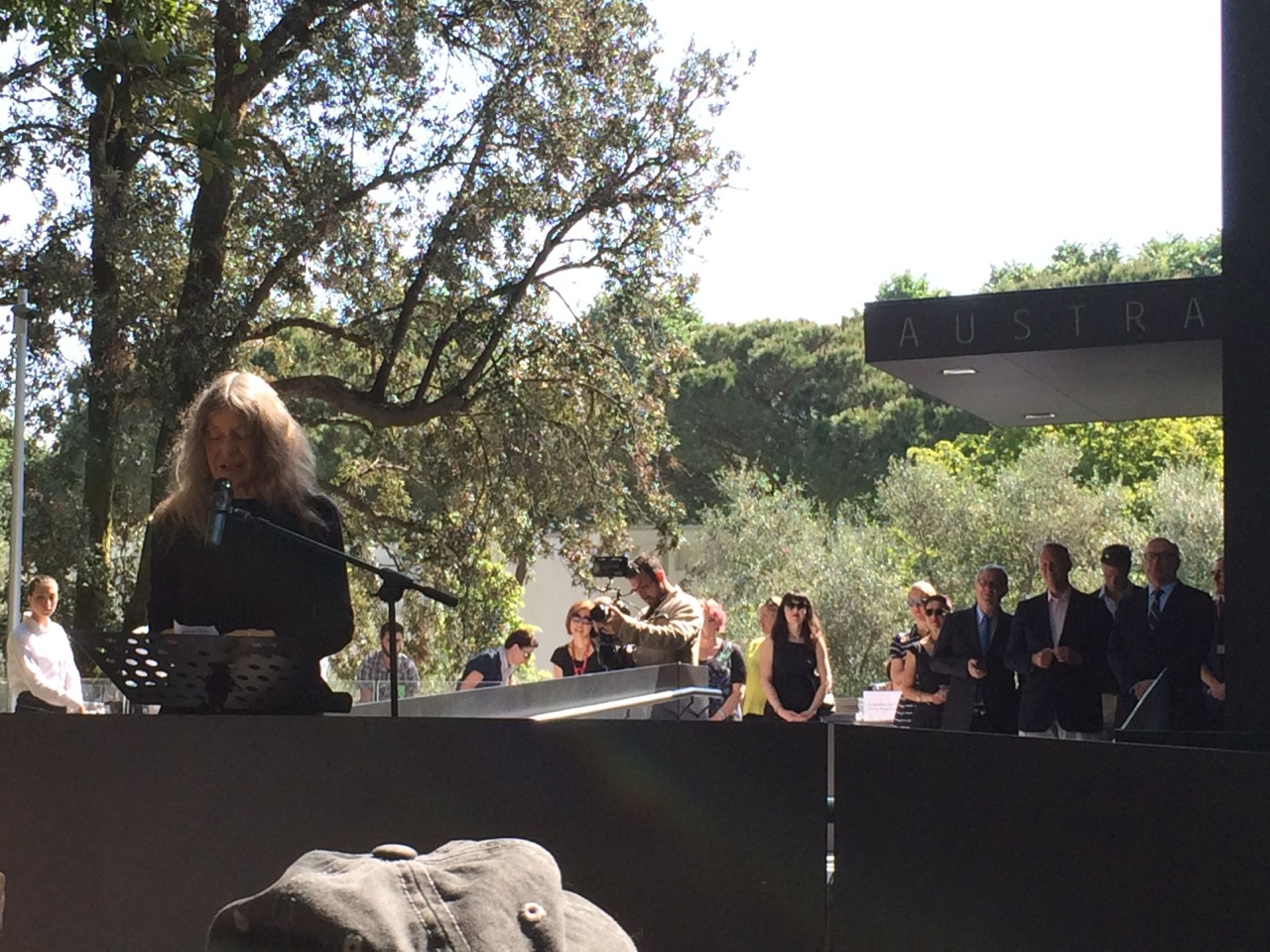 Fiona Hall delivers her speech at the opening of her show in Venice