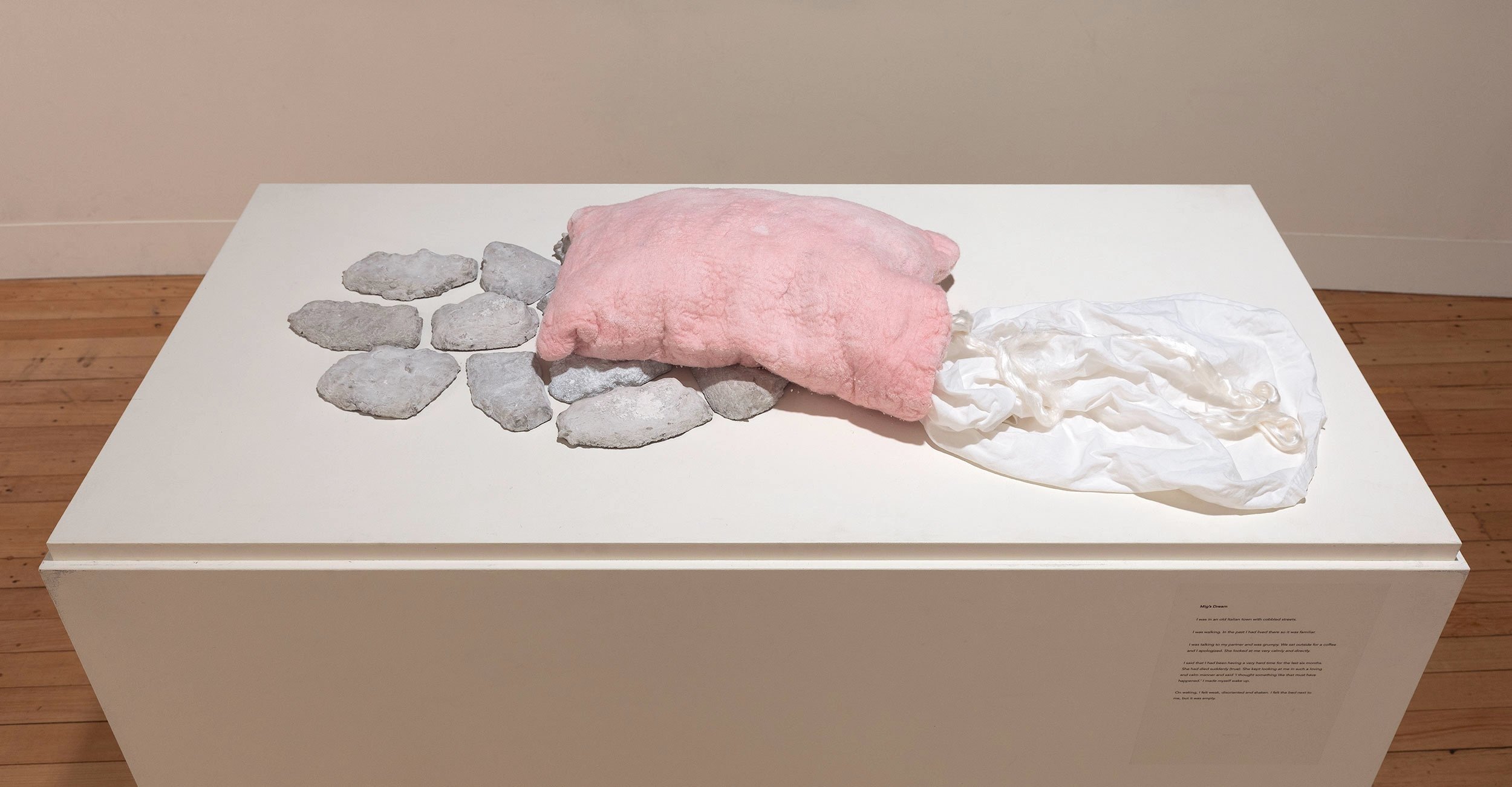 Mig's Dream. Epoxy resin, handmade felt, reclaimed bedsheet, magnesium sulphate crystals, silk fibre.