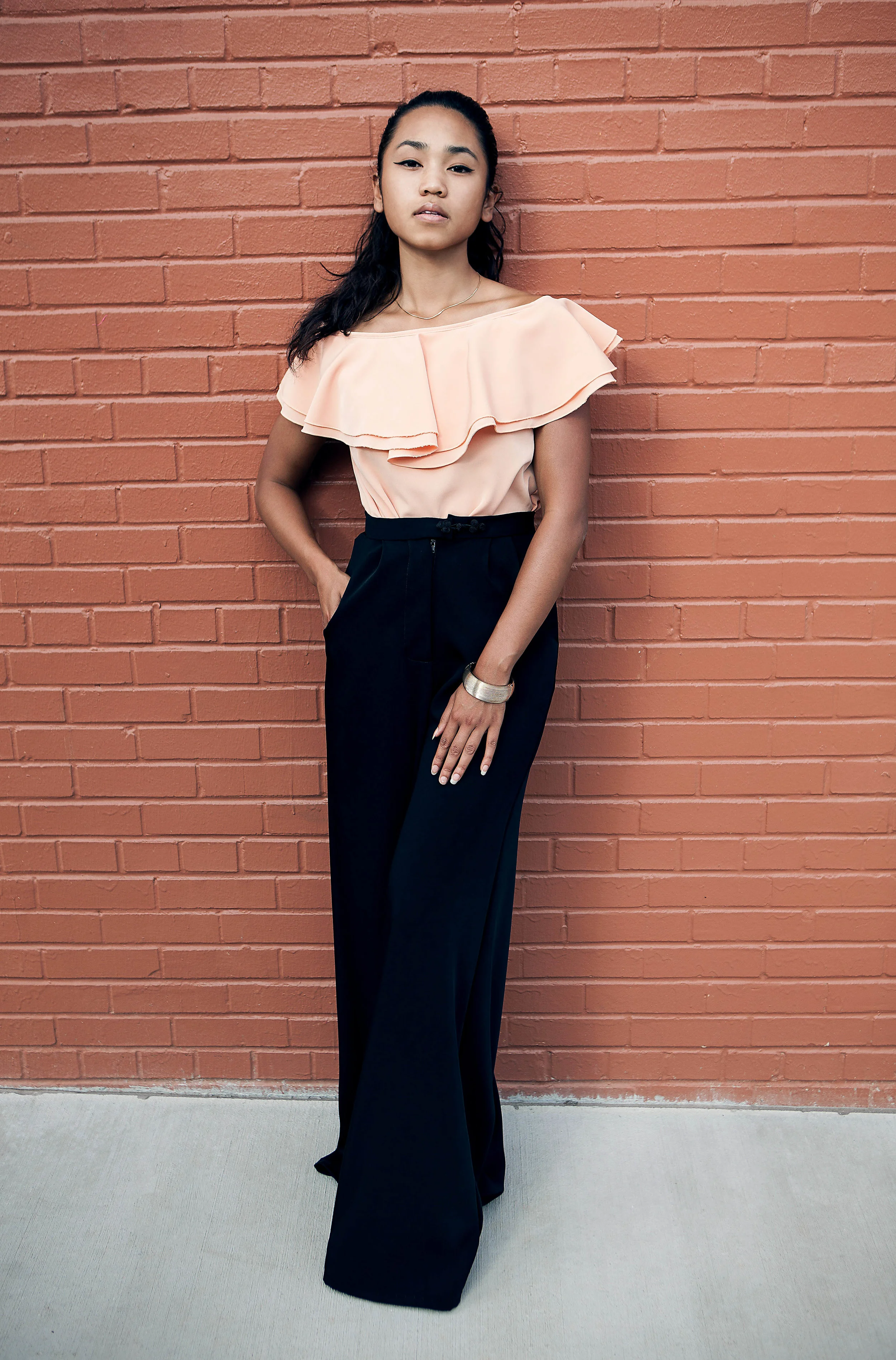 peach ruffle off shoulder top