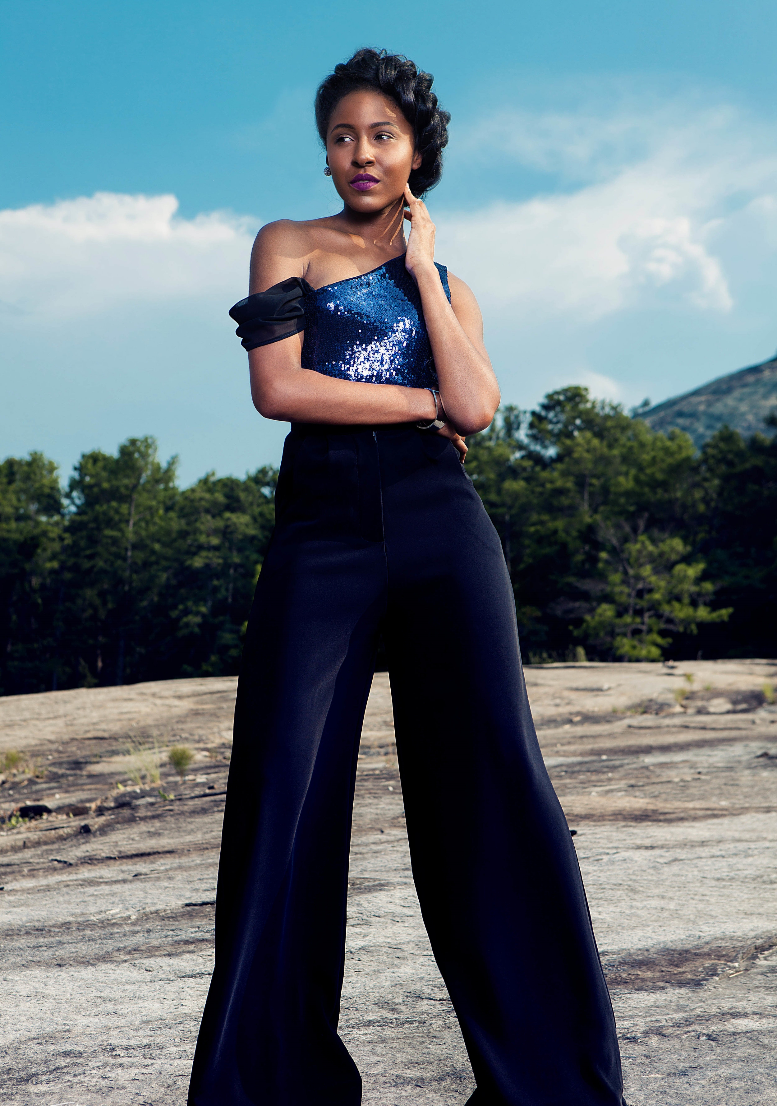leotard paired with wide leg pants