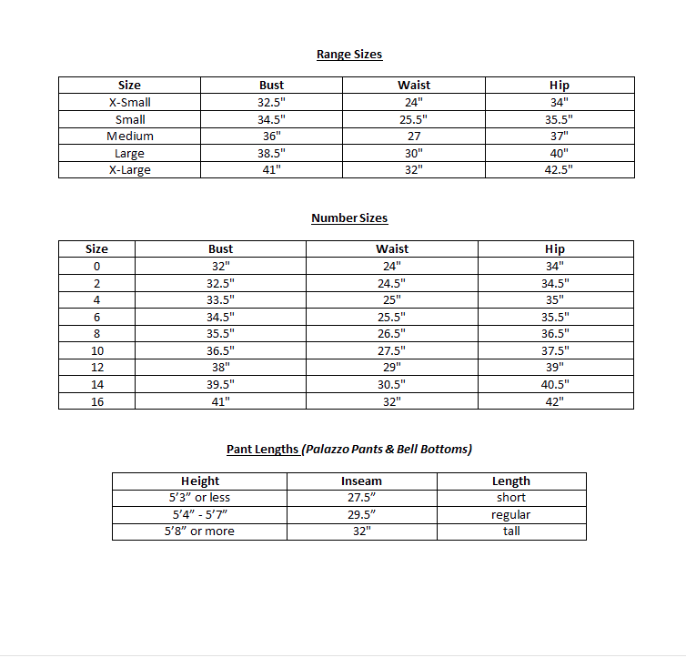 Size Chart for Tabitha Fielteau: Clothing Line. — Tabitha Fielteau