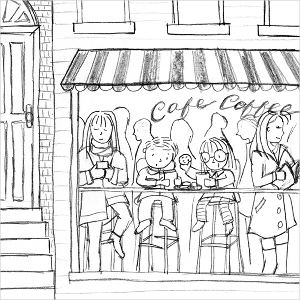 I decided to add some of the neighboring building on the left, and some window frames along the top. This helped to better contextualize the cafe window while still keeping the focus on the characters. Later on, I wound up adding two birds to the top of the awning.