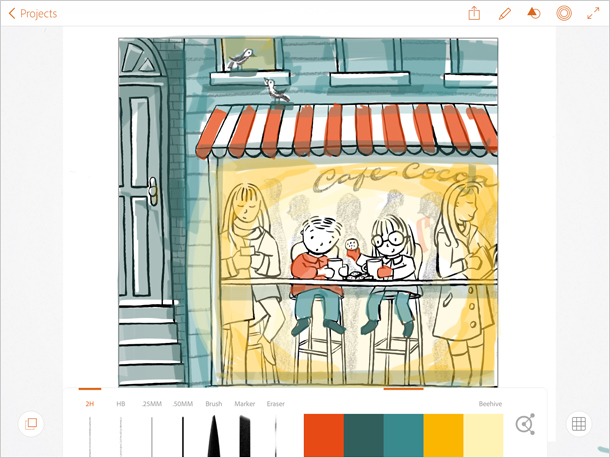 The winner! Love how the warm glow plays against the blue, and makes the cafe window feel so cozy. Let's do it.