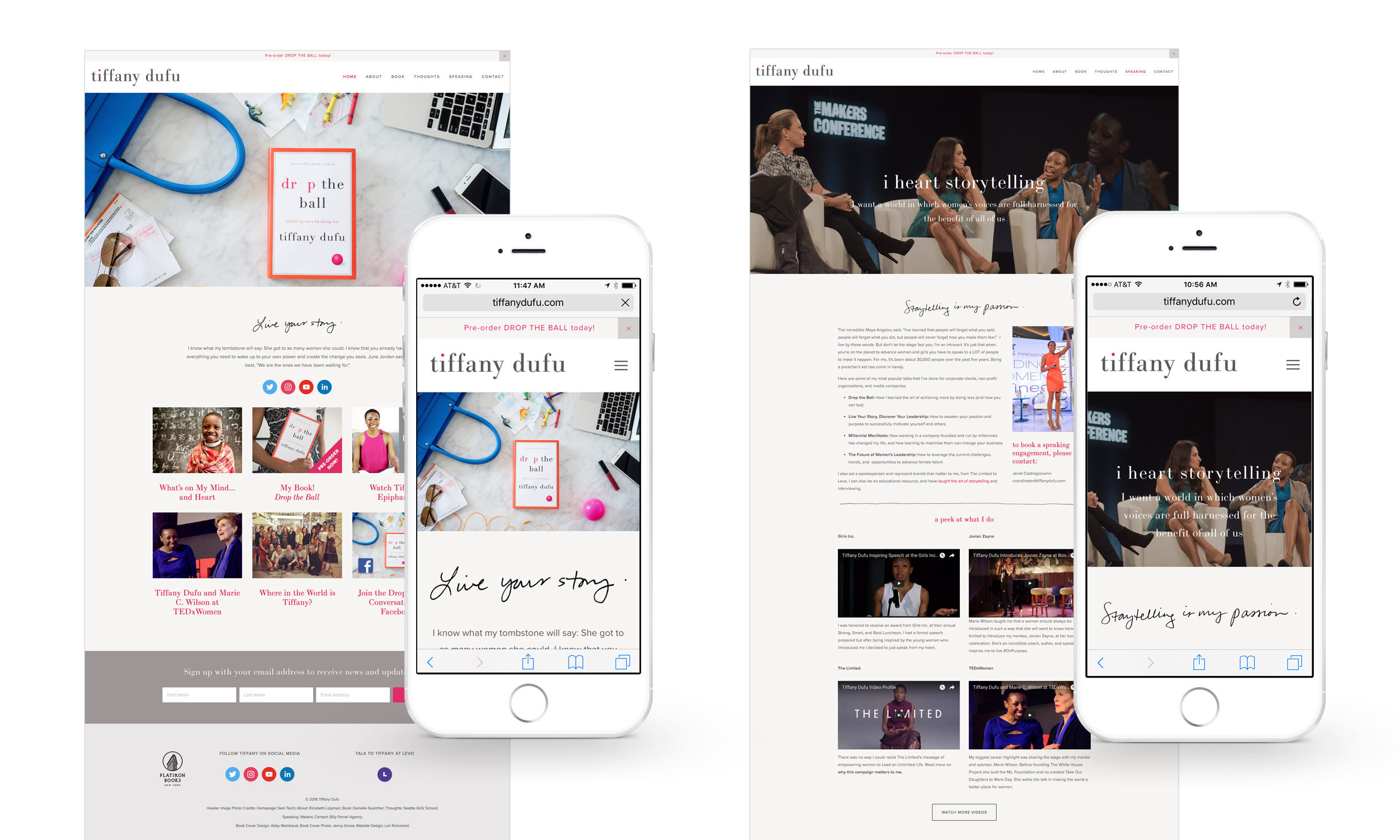 Homepage and Speaking page on desktop and mobile phone.