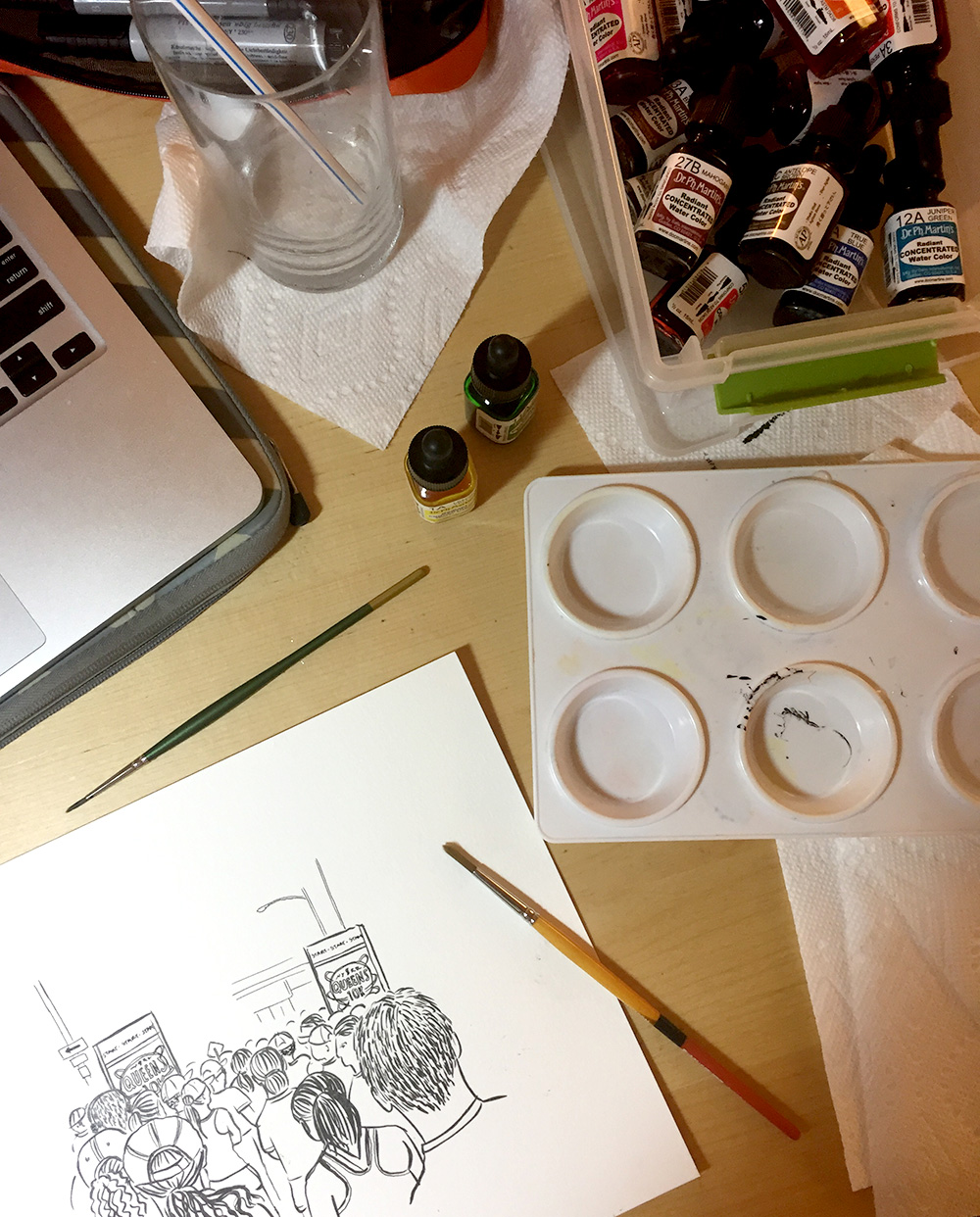 I draw in a tiny corner of our kitchen table!