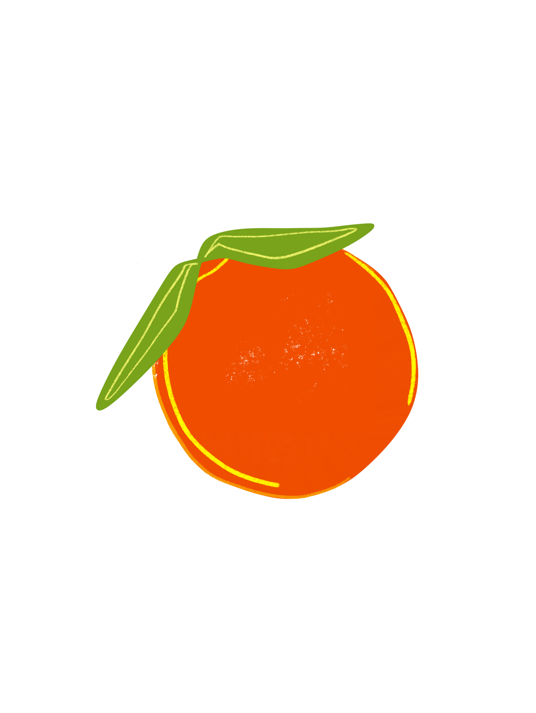 A digital illustration of a peach with green leaves on top, set against an orange background.