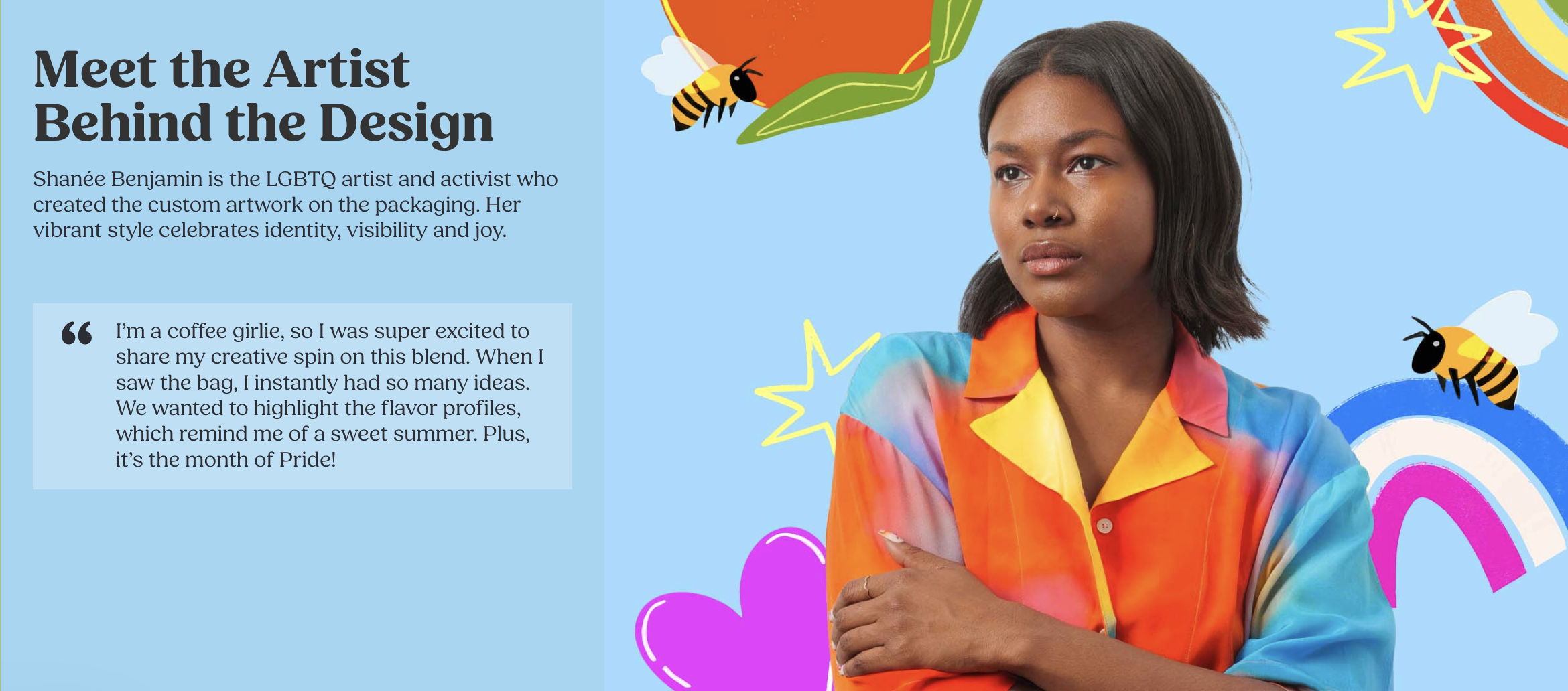 A woman in a colorful rainbow-patterned shirt standing with crossed arms against a background with bees, clouds, a rainbow, stars, hearts, and a speech bubble.