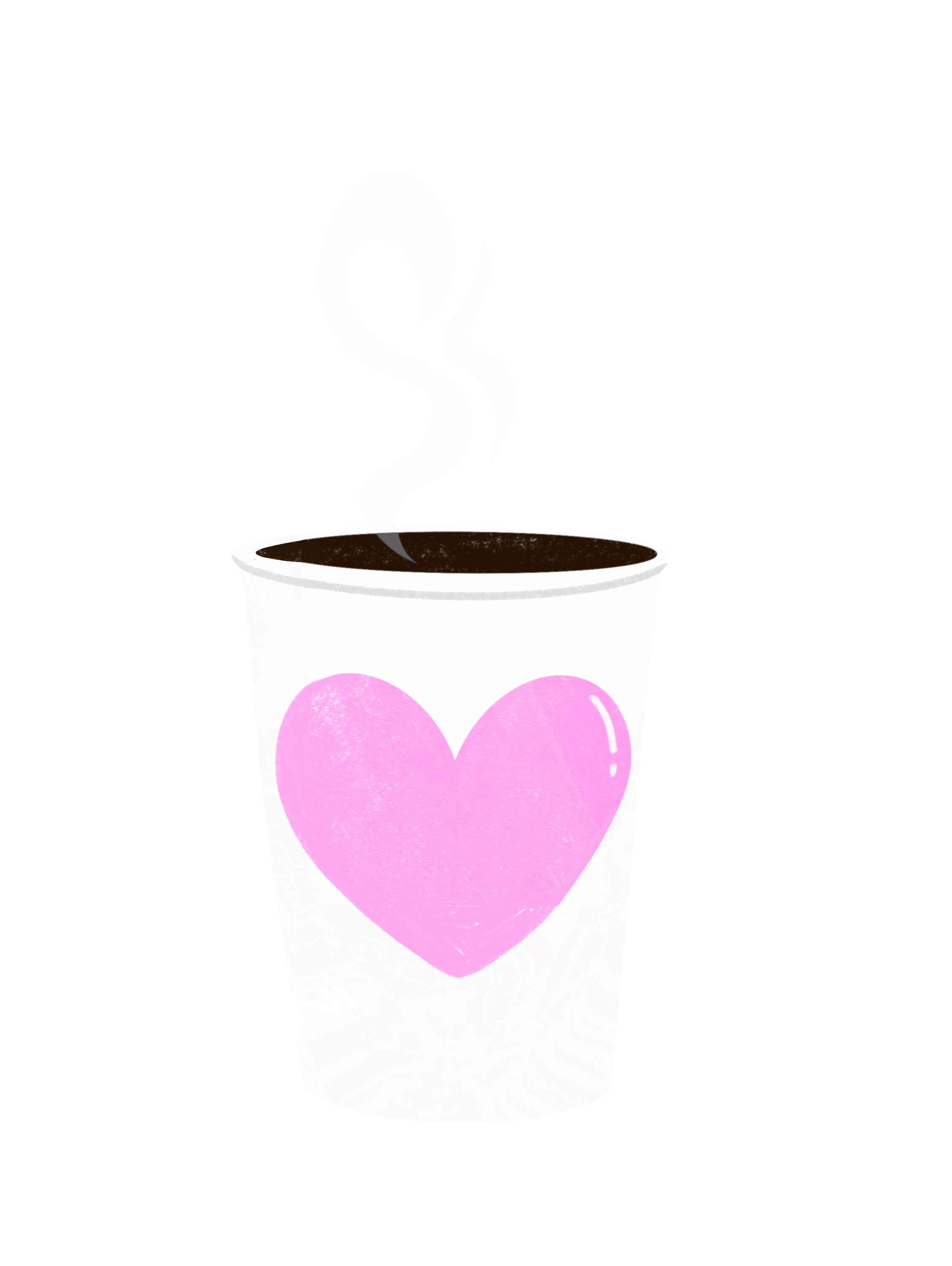 White disposable coffee cup with a pink heart design and steam rising from hot coffee, set against a black background.