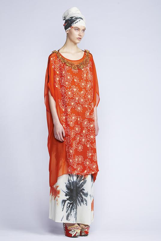   420/F131512B Panelled Kaftan with Slip    535/S136128 Gathered Flare Pants    900/S137472 Hand Painted Scarf  