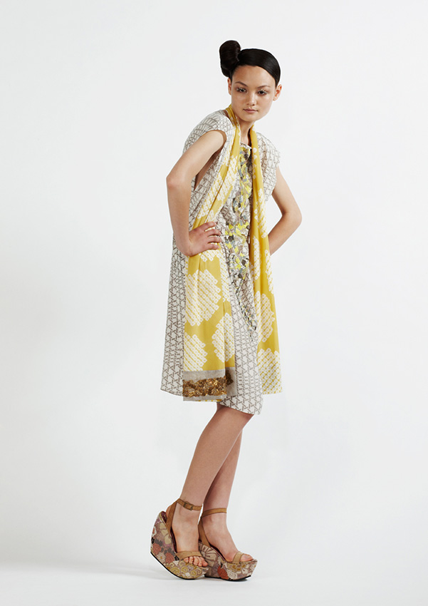   160/S91318 Printed Rectangle Dress with Sequins    125/S97358 Shibori and Embroidered Scarf  