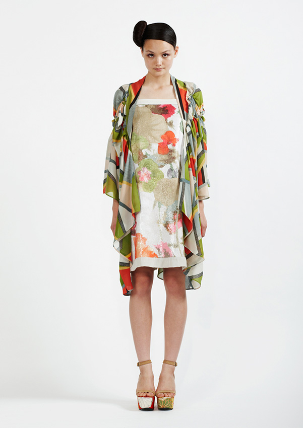   110B/S91335B Floral Sequin Strap Dress    175/S99060 Spiral Shibori Printed Kimono Coat  