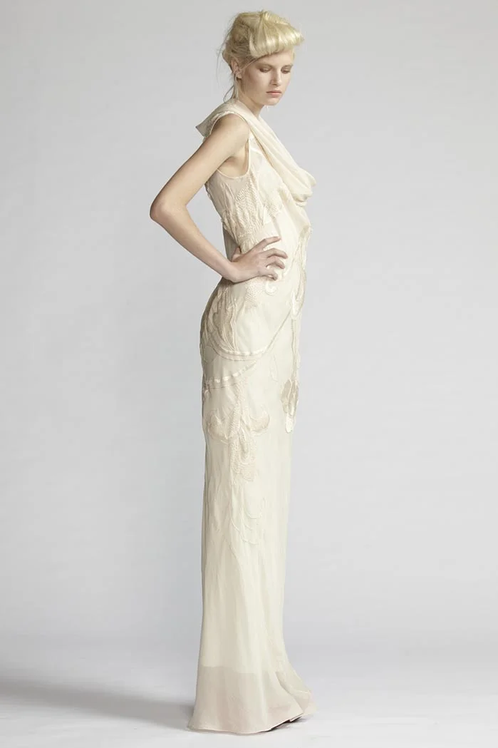 100/F21493 Hand Embroidered Curl Neck Bias Long Dress