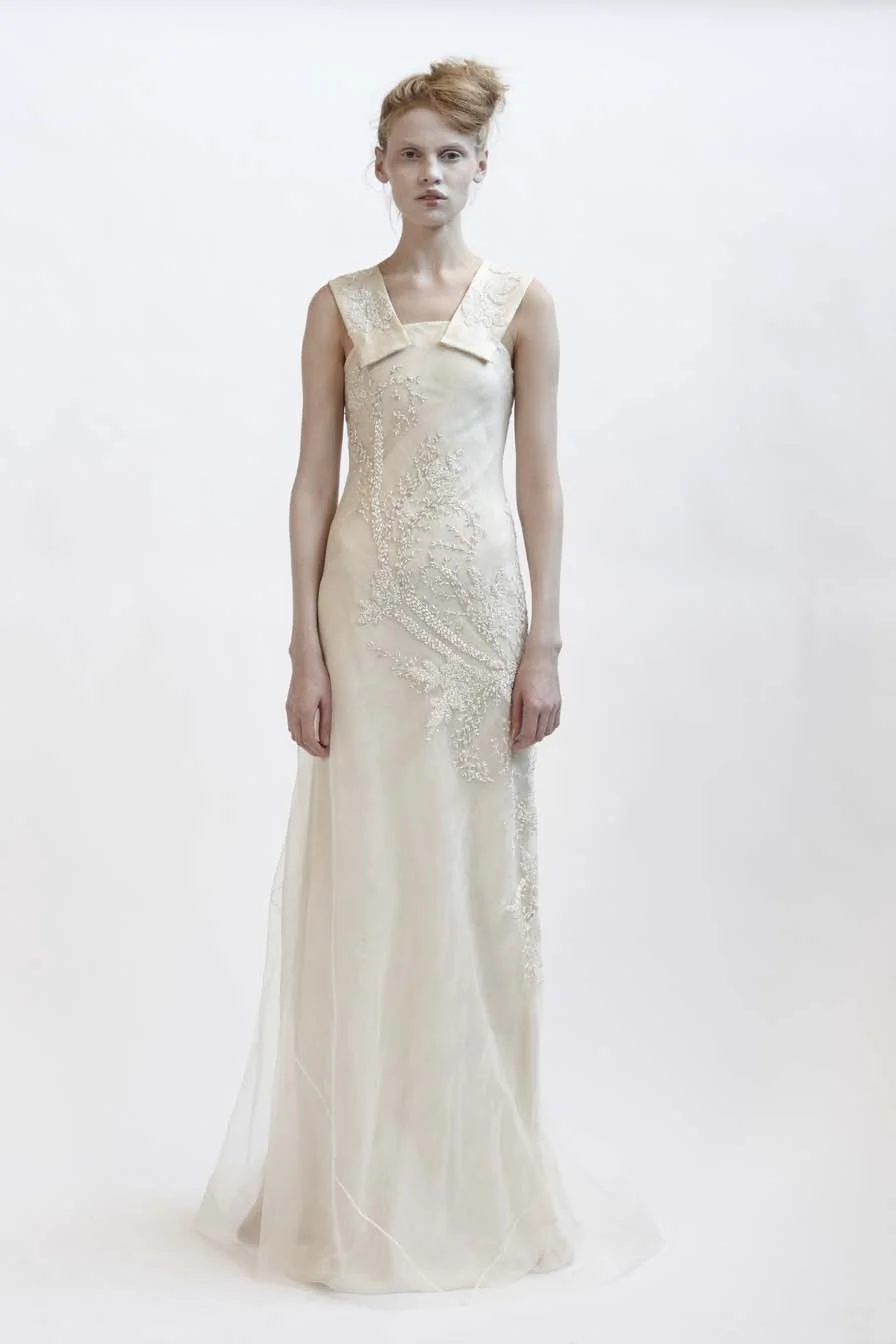 105/F01423 Silk Organza Long Dress with Beaded Strap