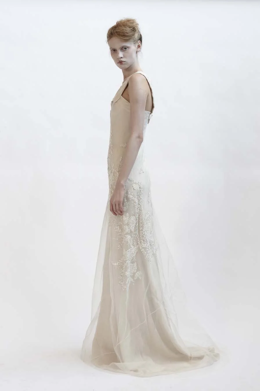 105/F01423 Silk Organza Long Dress with Beaded Strap