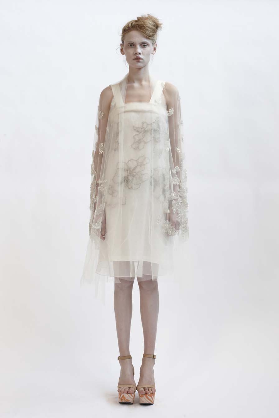   110/F01416 Silk Organza &amp; Tulle Dress with Grosgrain Strap    140/F01426S Bias Short Slip    900/F07417 Beaded &amp; Sequined Shawl  