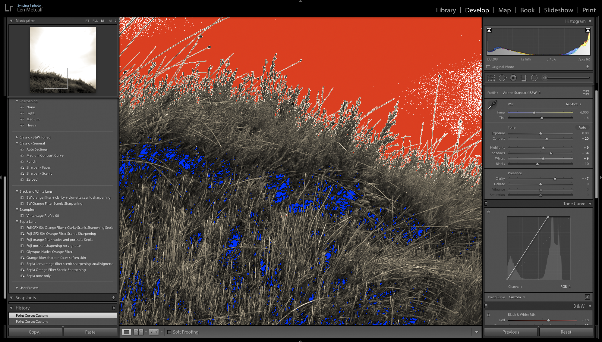 To help me see the black and white points, I click on the small triangles in the histogram. They are turned on when they have a white line around the box and off when it is gone. When on, they show the pure white areas as red, and the black areas as blue. In the example bellow I may have gone a bit too far. This photograph will print with a clear white sky. This is a creative decision.