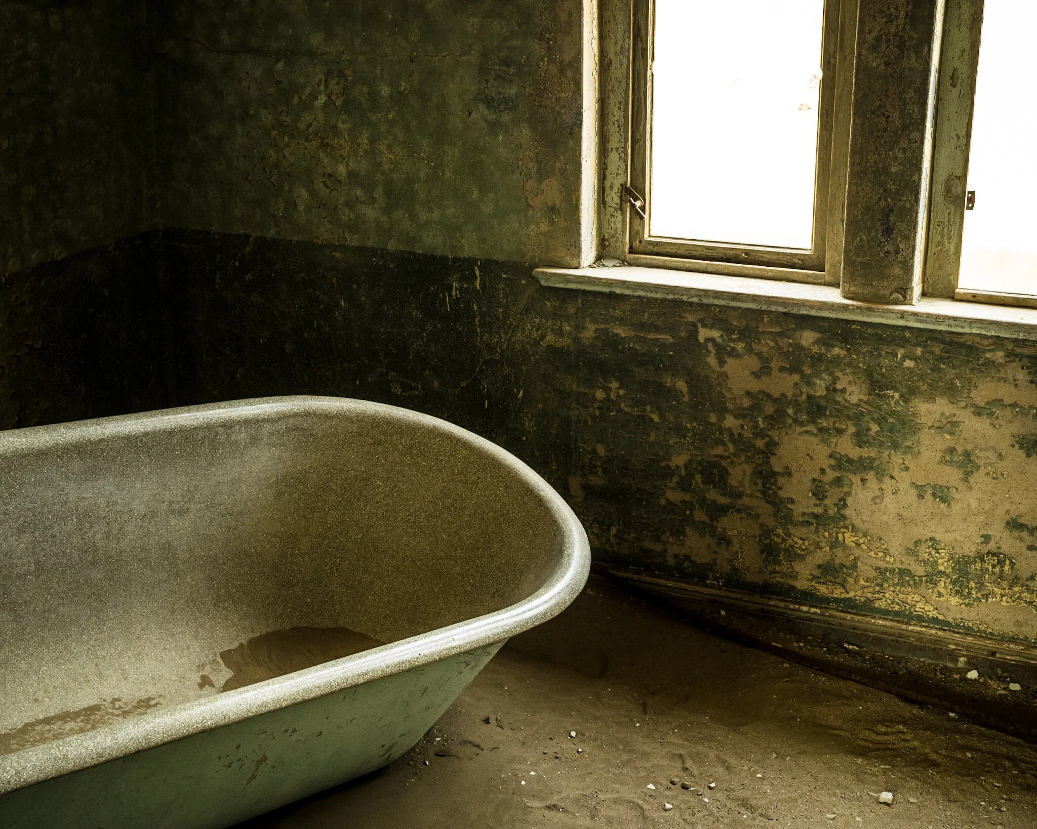 Window light floods the bath with soft light. Here there is no full sunlight but gentle light from the darker side of the ruin. This shot is the original full frame of one of my square Monochrome works. I would crop out one of the windows as it’s too distracting being in a corner. Even the monochrome version took me ages to decide if I liked it.