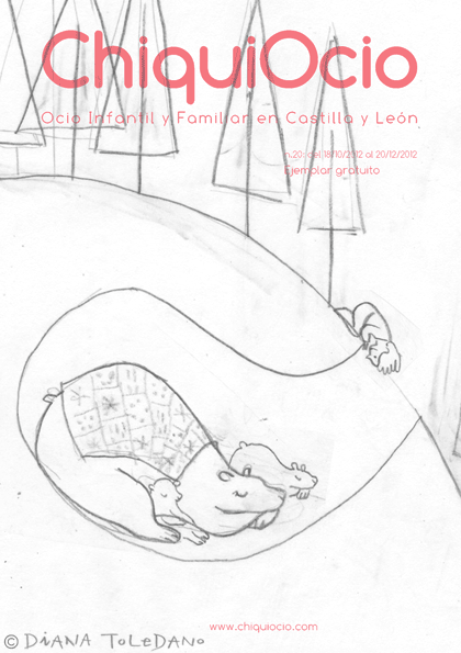 Sketch of a bear and two cubs hibernating inside a cave and a kid peeking in