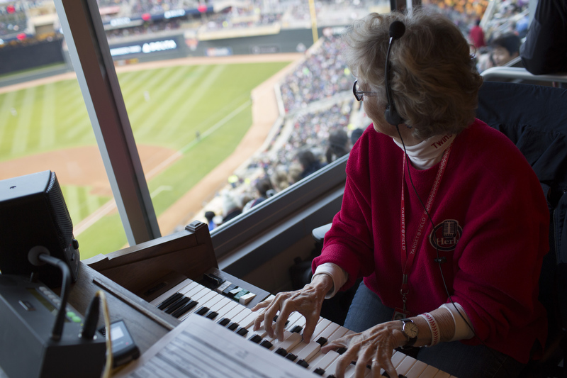 Sue Nelson plays organ at Target Field. She plays in a box where fans are able to visit with her during the game. 