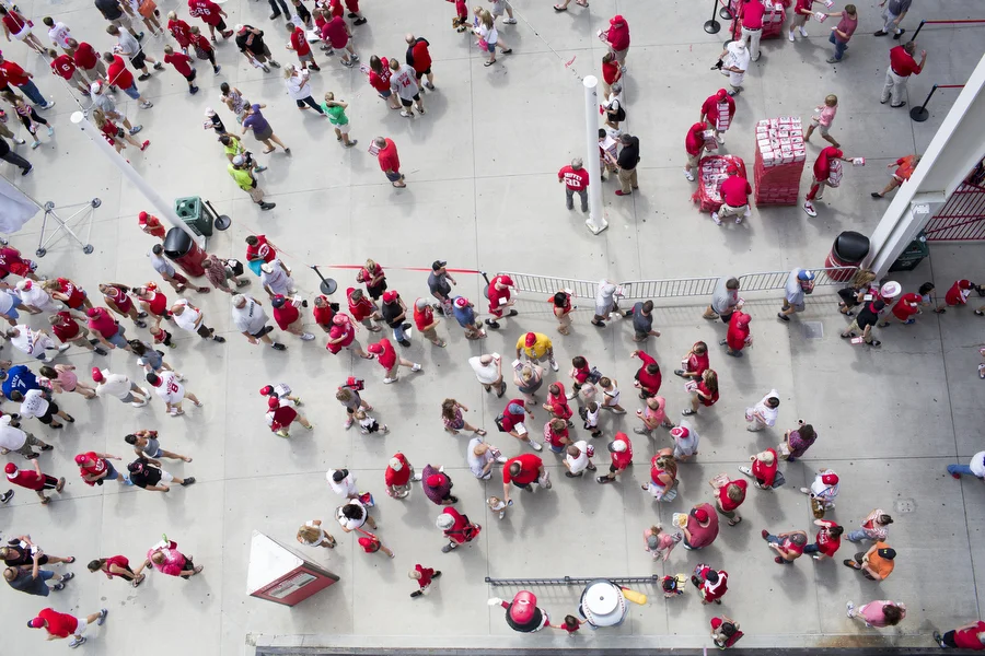 Overhead at Great American Ballpark. The folks facing to the right are queuing to leave the stadium via the re-entry line. Cincinnati is one the few stadiums that allows re-entry. 