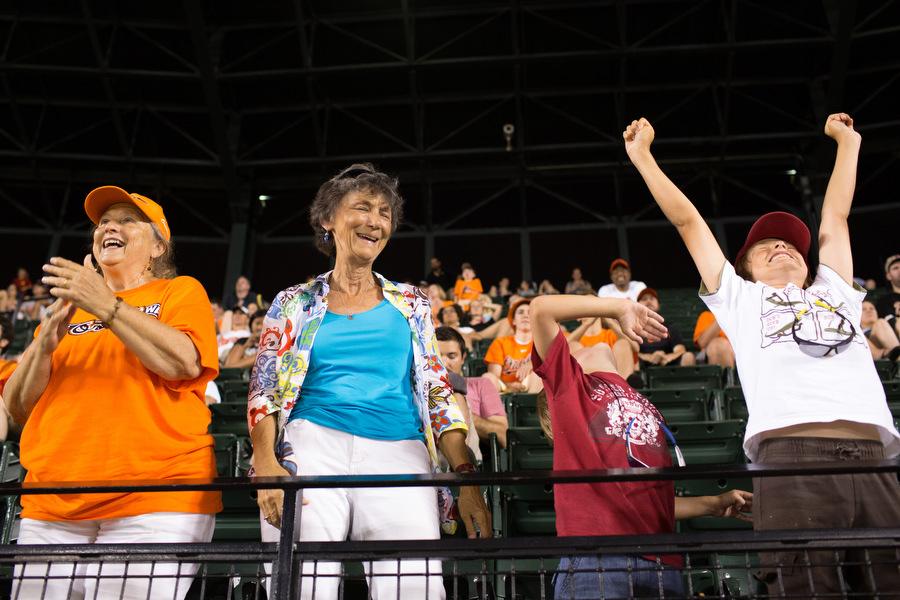From left, Linda Sprenkle, Marcia Talley, Joseph and Thomas cheer during a pitching change. 