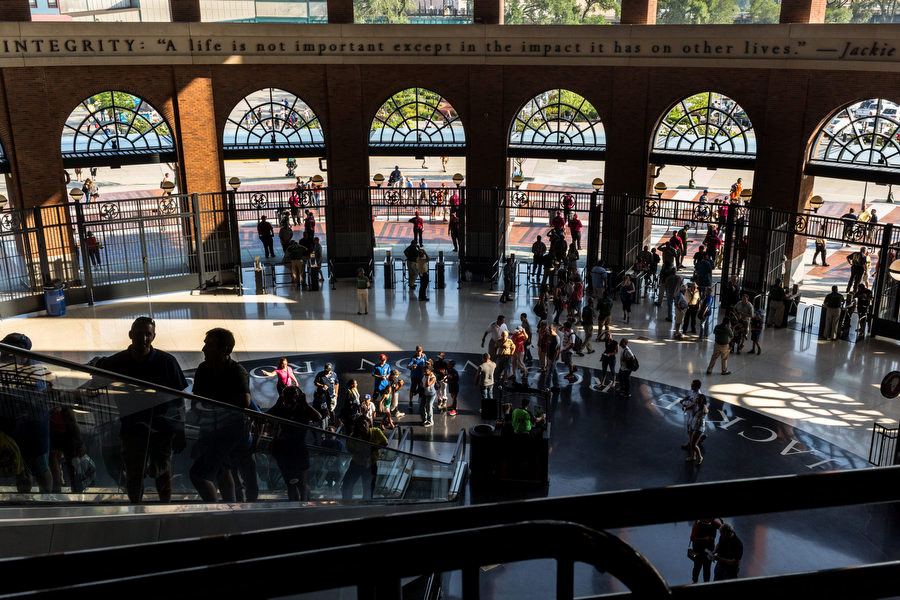 Fans enter the stadium through the Jackie Robinson rotunda. 