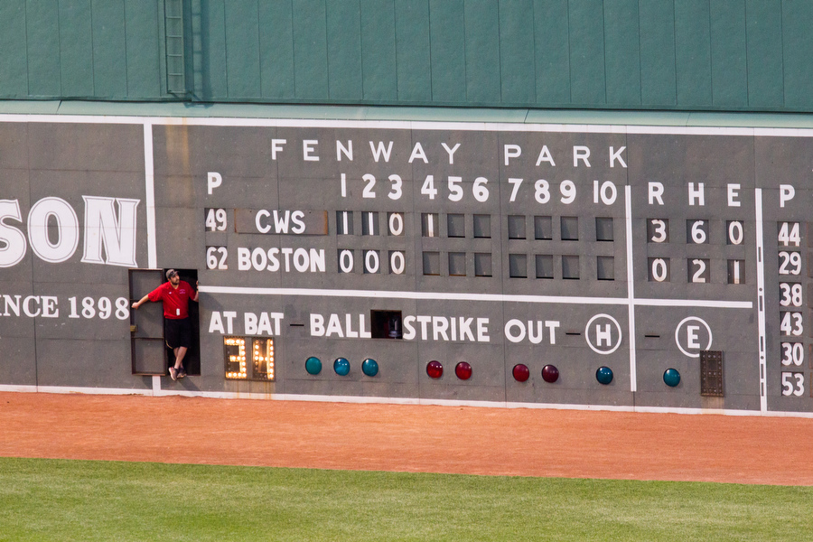 The scoreboard is run manually. During innings, Red Sox employees come out to change the numbers. 